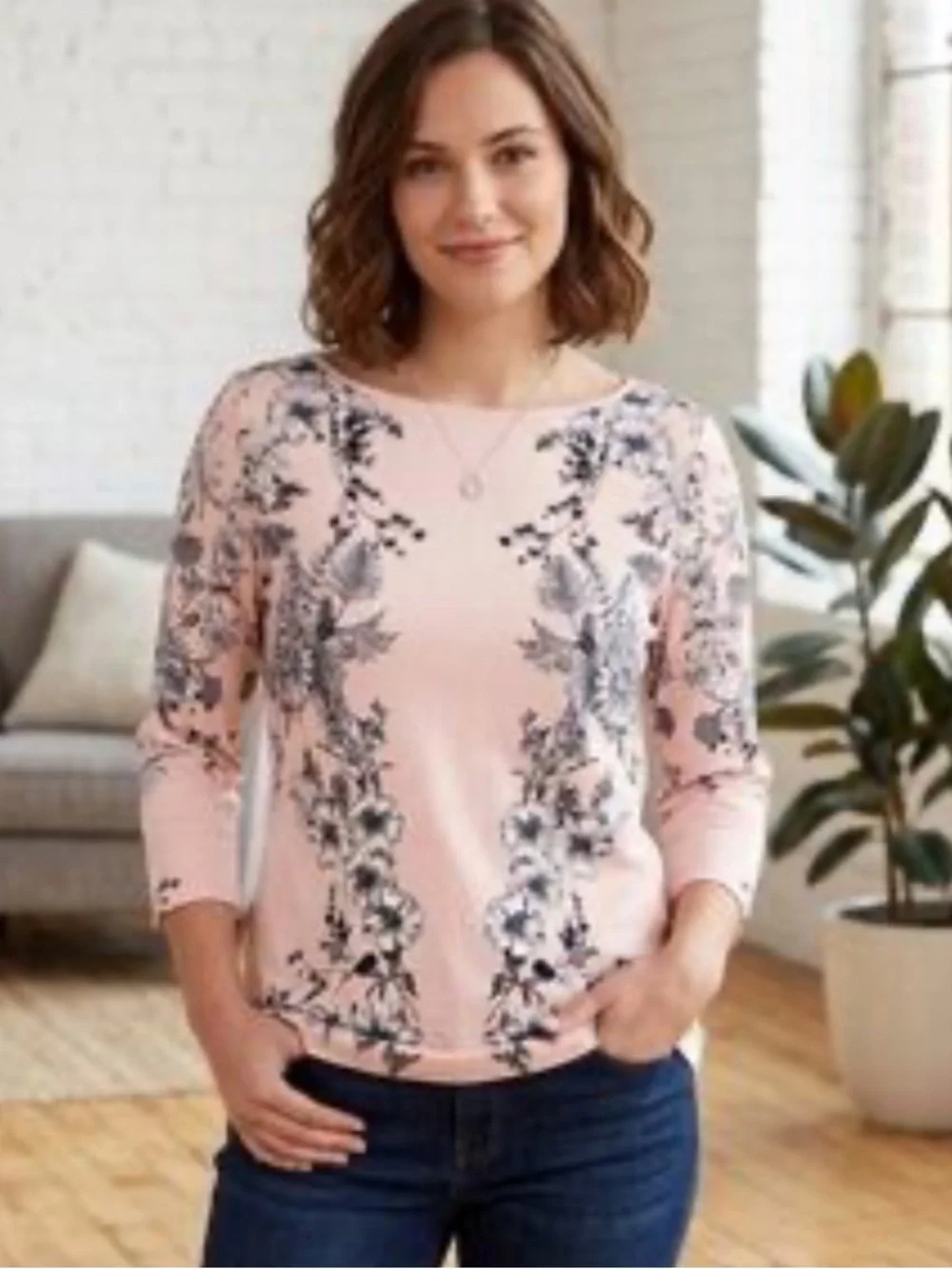 Talbots pink floral boat neck 3/4 sleeve tee Medium - Picture 4 of 7